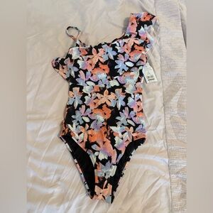 Time and Tru One-Shoulder Floral Swim One Piece - Black and Purple